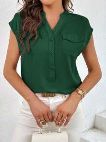Camisa casual de mujer de unicolor con cuello en V, abotonadura sencilla y bolsillo - Verde Oscuro - Ver 3