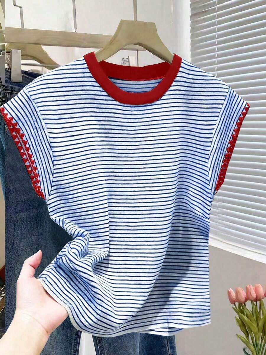 Nueva camiseta de manga corta con bloques de color y rayas, ropa de primavera/verano - Multicolor 8 - Ver 1