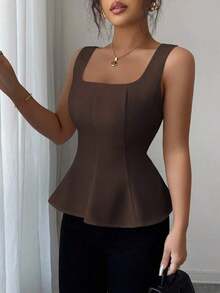 Blusa elegante de cuello cuadrado sin mangas para mujer, adecuada para la oficina, el transporte, el té de la tarde, las fiestas, las vacaciones y ocasiones casuales - Marrón - Ver 4