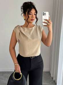 Camisa sin mangas de lino y algodón en beige con lazos en los hombros: informal para vacaciones, elegante para usar en la calle, adecuada para la oficina - Blusa talla grande para primavera y verano - Caqui - Ver 7