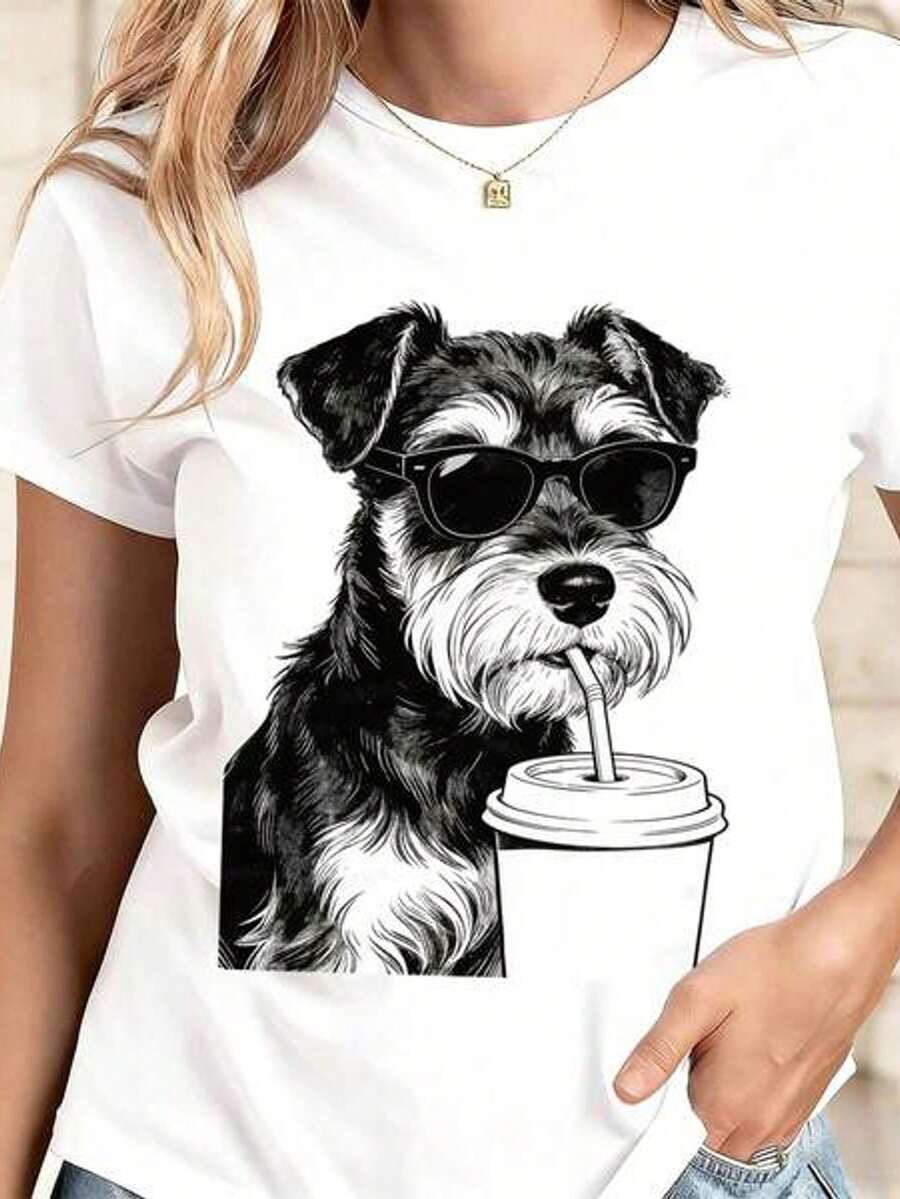 Camiseta de manga corta con gráfico de perro Schnauzer con taza de café para mujeres amantes de las mascotas