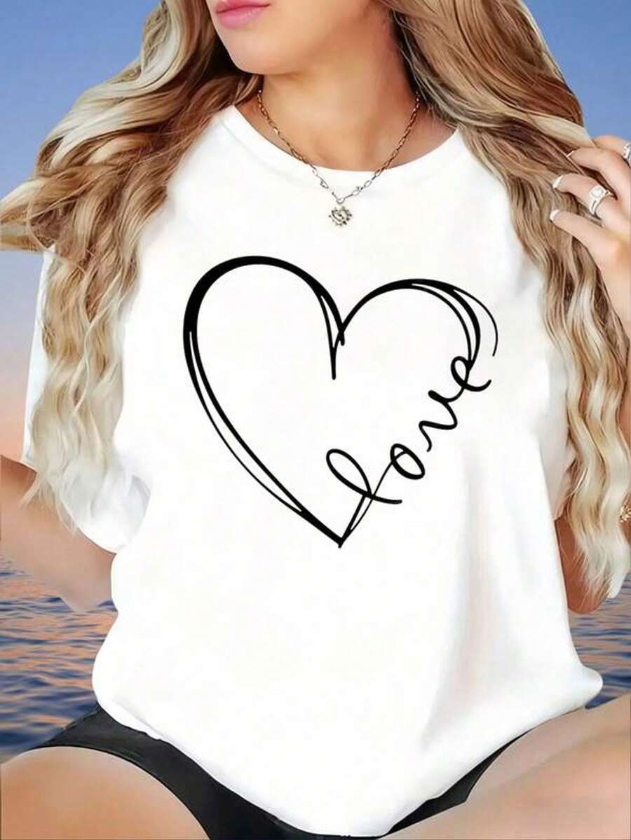 Camiseta casual de mujer con estampado en forma de corazón artístico para el Día de San Valentín, ropa de Año Nuevo, camisetas gráficas para mujer