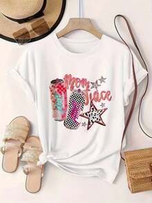 Women's Casual Short-Sleeve T-Shirt - Juice Can And Star Print Design, Round Neck, Summer Top, Machine Washable, Ladies' T-Shirts, Casual Wear, Modern Style, Comfortable Fit

-White - 白色 - 查看 2