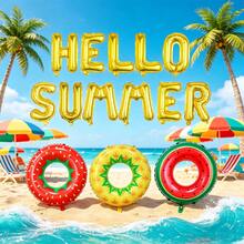14件套夏季派对气球套装，包含金色“HELLO SUMMER”气球、西瓜、菠萝、草莓泳圈气球，适用于生日派对、夏威夷主题派对、夏季泳池沙滩派对、热带夏威夷主题活动、夏季聚会、节日派对、室内拍摄场景。 - 多色 - 查看 1