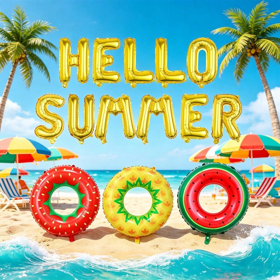14件套夏季派对气球套装,包含金色“HELLO SUMMER”气球、西瓜、菠萝、草莓泳圈气球,适用于生日派对、夏威夷主题派对、夏季泳池沙滩派对、热带夏威夷主题活动、夏季聚会、节日派对、室内拍摄场景。 - 多色 - 查看 1