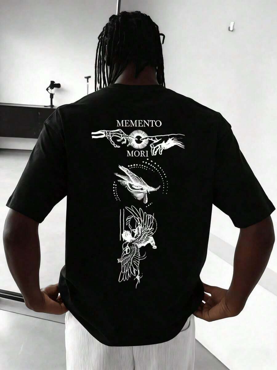 T-shirts graphiques pour hommes, collection été. T-shirts graphiques pour hommes, collection été. Graphique symbolique vintage avec deux mains se touchant, entouré d'un motif solaire et d'un oiseau en vol, symbole de la transience. T-shirt pour hommes, parfait pour les tenues décontractées et de vacances. - Noir - Voir 1