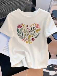 Camiseta de talla grande 100% algodón para mujer, corte holgado, informal, para uso diario en verano, camiseta casual con estampado de corazón para mujer - paleta de colores pastel suaves, corte holgado, cuello redondo, manga corta, tela transpirable para comodidad en todas las estaciones, diseño lindo, almohadillas de pecho no extraíbles, transpirable y cómoda. - Blanco - Ver 1