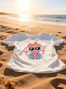 Camiseta elástica para mujer que define la cintura, con estampado de oso lindo, corazón, gafas de moda y lazo, de manga corta y cuello redondo, estilo Harajuku, suave y transpirable, ropa femenina. Transpirable y cómoda. - Blanco - Ver 4