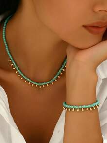 2pcs/Set Bohemian Style Minimalist Water Drop Pendant Beaded Necklace & Bracelet Set, Suitable For Daily Wear, Party, Beach, Summer Jewelry Gift For Women - Green - View 2