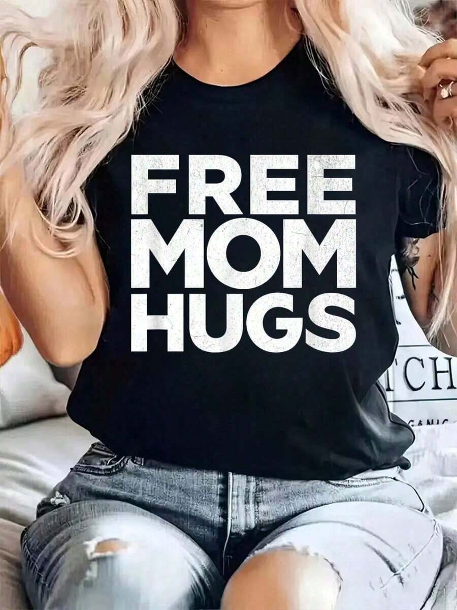 1 pieza de camiseta 100% algodón con estampado "Free Mom Hugs", cuello redondo, para verano, top de manga corta suave para mujer, camiseta elegante y cómoda para mujer, camisetas gráficas, tops gráficos para mujer, camiseta de verano, camiseta casual, camiseta gráfica, tops gráficos para mujer, camiseta de verano, camiseta casual, 180g 100% algodón, todos los patrones están impresos. Unisexo. - Negro - Ver 1