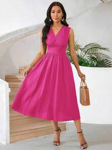 Vestido veraniego sin mangas de mediana longitud para mujer, de tela tejida con textura en color verde - Rosa Fucsia - Ver 6