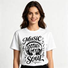 Tops para mujerUna Chaqueta para adolescente con temática musical y el eslogan Laúsica calma mi alma, perfecta para el uso diario en la escuela en primavera y verano. - Blanco - Ver 1