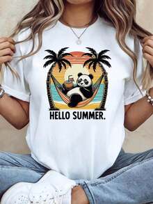 Camiseta holgada de verano para mujer con temática de panda - Gráfico de atardecer y palmera de , manga corta casual, top fresco versátil de verano - Negro - Ver 1