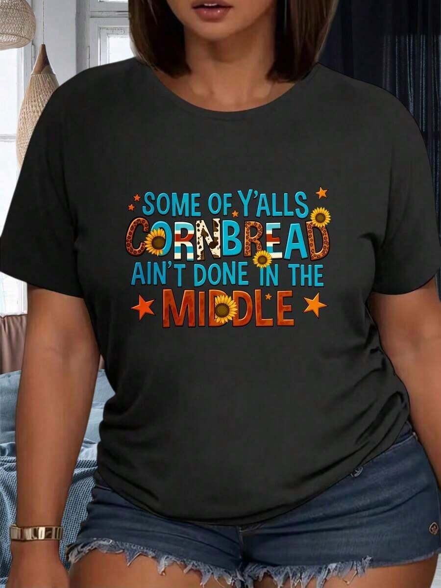1 pieza Camiseta con estampado "Algunos de ustedes no terminan el pan de maíz por la mitad" para fiesta, 220g, 100% algodónropa de calor mujer - Negro - Ver 1