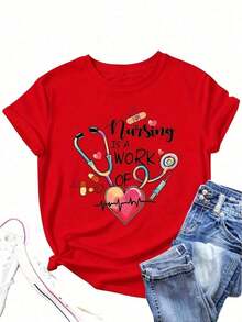 1 pieza [Camiseta Deportiva] Camiseta de Enfermería para Mujer - Amarillo Claro con Diseño de Estetoscopio y Símbolos de Corazón, Tela Suave y Transpirable de 180g, Cómoda Camiseta de Manga Corta con Cuello Redondo para Uniformes de Enfermera, Ropa de Trabajo, Viajes y Regalos para Profesionales - Eslogan "La Enfermería es un Trabajo de Corazón", Ropa Casual para Todas las Temporadas, Ropa de Trabajo Sanitaria, Ropa de Trabajo Profesional, Construcción Duradera, Camiseta de Trabajo |     Corte relajado |     Talla grande 100% algodónropa de calor mujer - Rojo - Ver 7