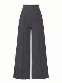 Pantalones anchos de cintura alta de unicolor de uso casual para mujeres - Gris Oscuro - Ver 1