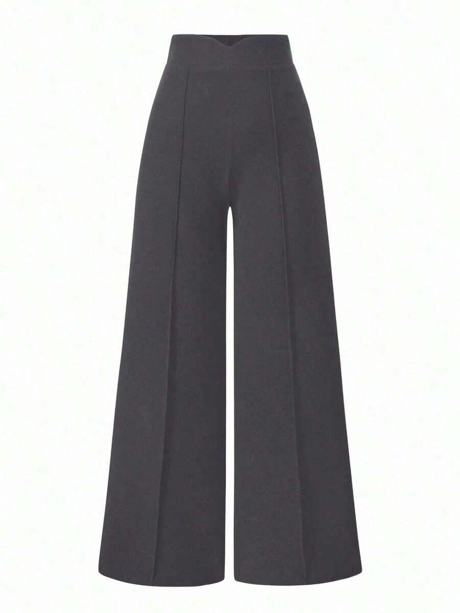 Pantalones anchos de cintura alta de unicolor de uso casual para mujeres - Gris Oscuro - Ver 1