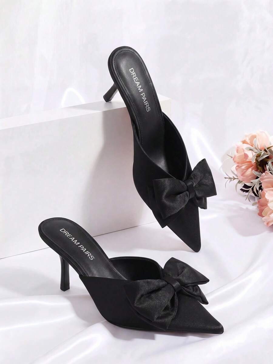 Dream Pairs Women's Pointed Toe High Heel Mules With Double Bow Detail - màu đen - Xem 1