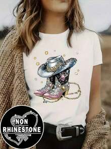 Women's Modern, Casual T-Shirt, Perfect For Parties And Lounging At Home, 100% Cotton, Loose Fit. 1 Pc.  Women's Summer Crew Neck T-Shirt With Western Style Shoe Print, 100% Cotton - 白色的 - 查看 3