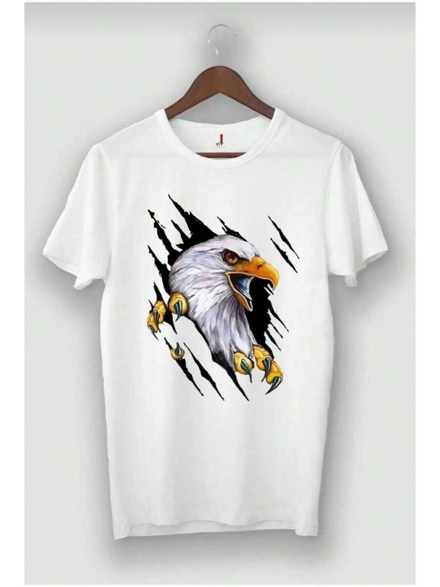 Unisex Oversized T-Shirt With Eagle Print For Men And Women, Loose And Comfortable. - White - View 1