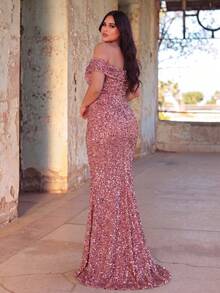 Faeriesty Elegantes Paillettenkleid mit offenem Schulterausschnitt und Meerjungfrauenschnitt für Große Größen Damen, Design mit hohem Schlitz - Funkelndes Abendkleid, geeignet für rote Teppich Events, luxuriöse Hochzeiten, glamouröse Partys und formelle Anlässe, Sommerurlaubs-Partykleidung Frühling - Altrosa - Übersicht 3