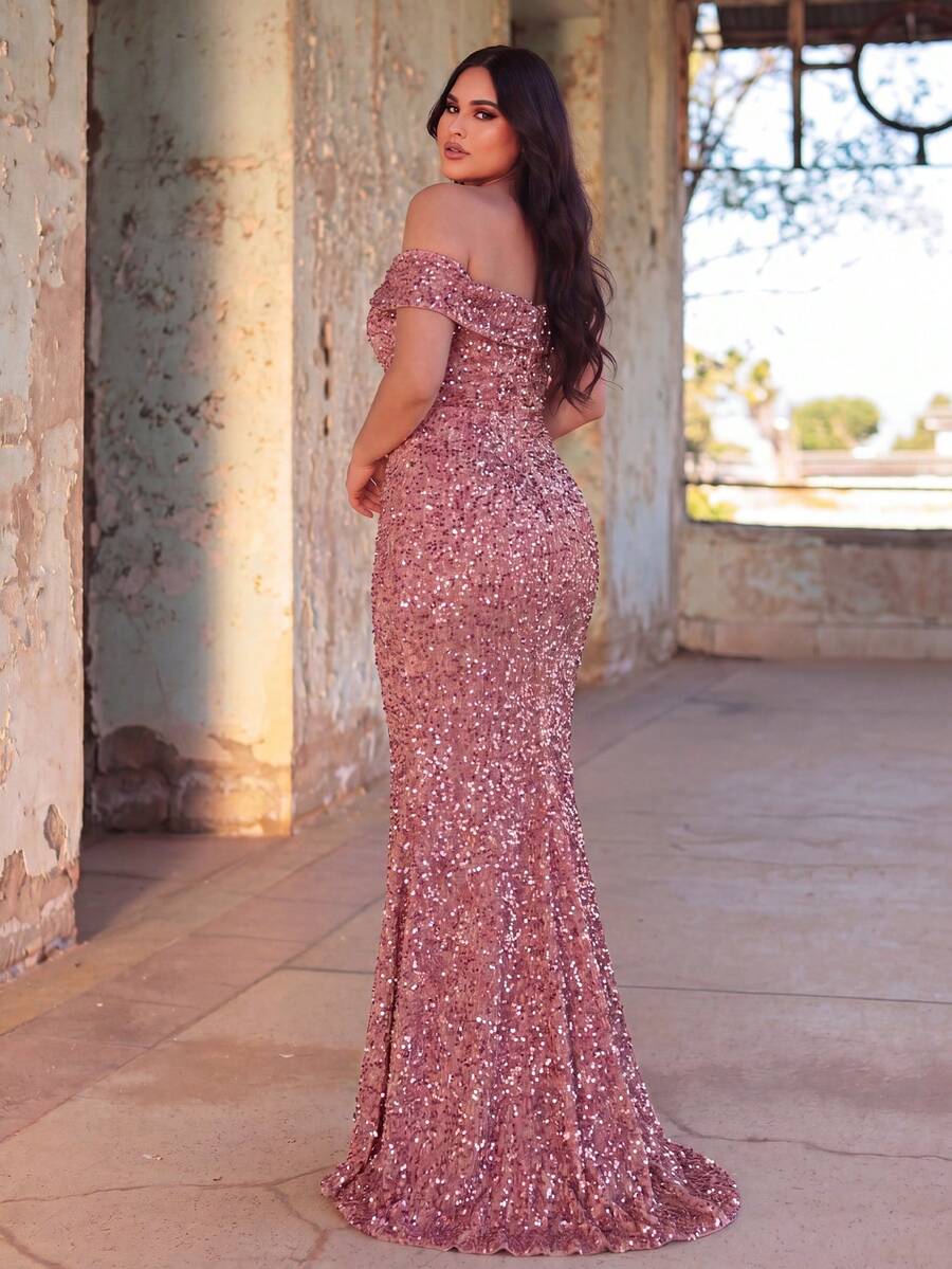 Faeriesty Plus Size Women's Elegant Shiny Sequin Open Shoulder Mermaid Dress, High Slit Design - Sparkling Evening Gown Fall Wedding Party