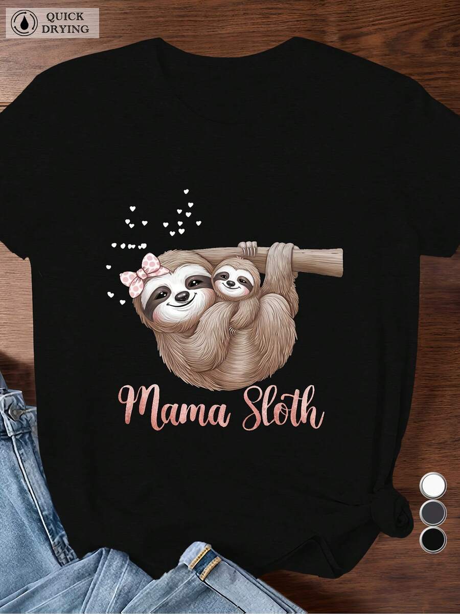 Corazones de perezosos Mama Perezoso Mujeres Camiseta De Manga Corta Deportiva de Tamaño - Negro - Ver 1