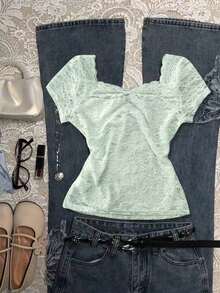 Blusa de encaje de unicolor elegante para mujer, de verano - Verde - Ver 2