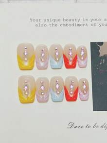 10pcs Handmade Nails Square Nail Tips Acrylic Press On Nails Medium, Western Nails Pink Nails, V-Shape French Tip Nails, Diamond Inlaid, European & American Style Luxury Fall Press On Nails, Y2K Baddie Goth Junk Aesthetic, Winter Nails DIY False Nail Art Party Daily & Dating Use Beach Tropical Getaway Suitable Reusable, For Women & Girls As Gift Nail Supplies - Multicolor - View 2