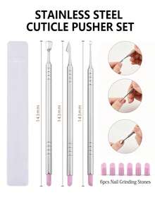3pcs Stainless Steel Dual-Head Cuticle Pusher & Remover, With 6pcs Nail Buffing Stones, Professional Manicure Tools - Multicolor - View 9