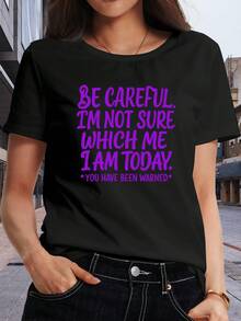 Camiseta clásica de manga corta con estampado "Cuidado, no sé quién soy hoy". Camiseta de cuello redondo para primavera/verano, de manga corta informal, ropa de mujer, adecuada para ir de compras, para la oficina y para un estilo vacacional. Éxito de . - Negro - Ver 3