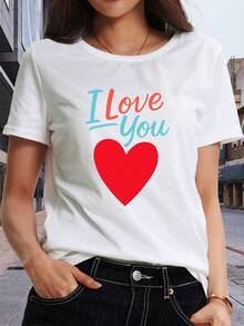 Classic Short-Sleeved T-Shirt For Women With An 'I Love You' Print, Perfect For Spring And Summer. It's An Ideal Choice For Lounging At Home, Vacations, Or Casual Wear On Campus. A Bestseller. - 白色 - 查看 1