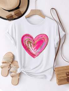 Camiseta de mujer, cómoda y casual, de manga corta y cuello redondo, con estampado de corazón rosa romántico y detalles dorados brillantes, de longitud regular, adecuada para todas las estaciones, moda diaria, ideal para la ropa femenina de primavera y verano. - Blanco - Ver 1