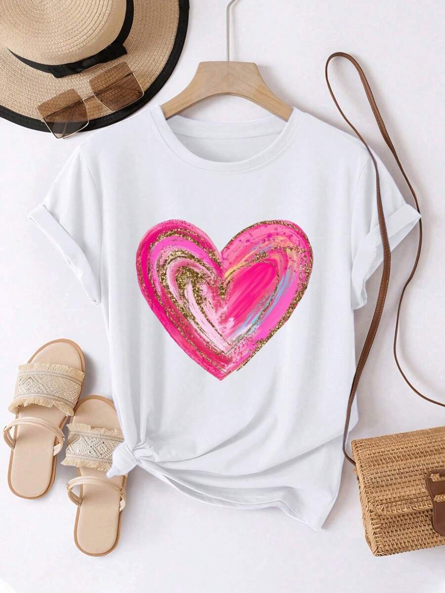 Camiseta de mujer, cómoda y casual, de manga corta y cuello redondo, con estampado de corazón rosa romántico y detalles dorados brillantes, de longitud regular, adecuada para todas las estaciones, moda diaria, ideal para la ropa femenina de primavera y verano. - Blanco - Ver 1