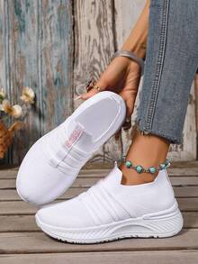 Women'S Slip-On Casual Athletic Shoes, Breathable Mesh Pastel Striped Design Tennis Shoes, All-Season Lightweight ComfortableIndoorOutdoorRunningShoes - 白色 - 查看 2