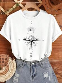 Camiseta con estampado gráfico, manga corta y cuello redondo, top casual para verano y primavera, ropa de mujer - Blanco - Ver 2