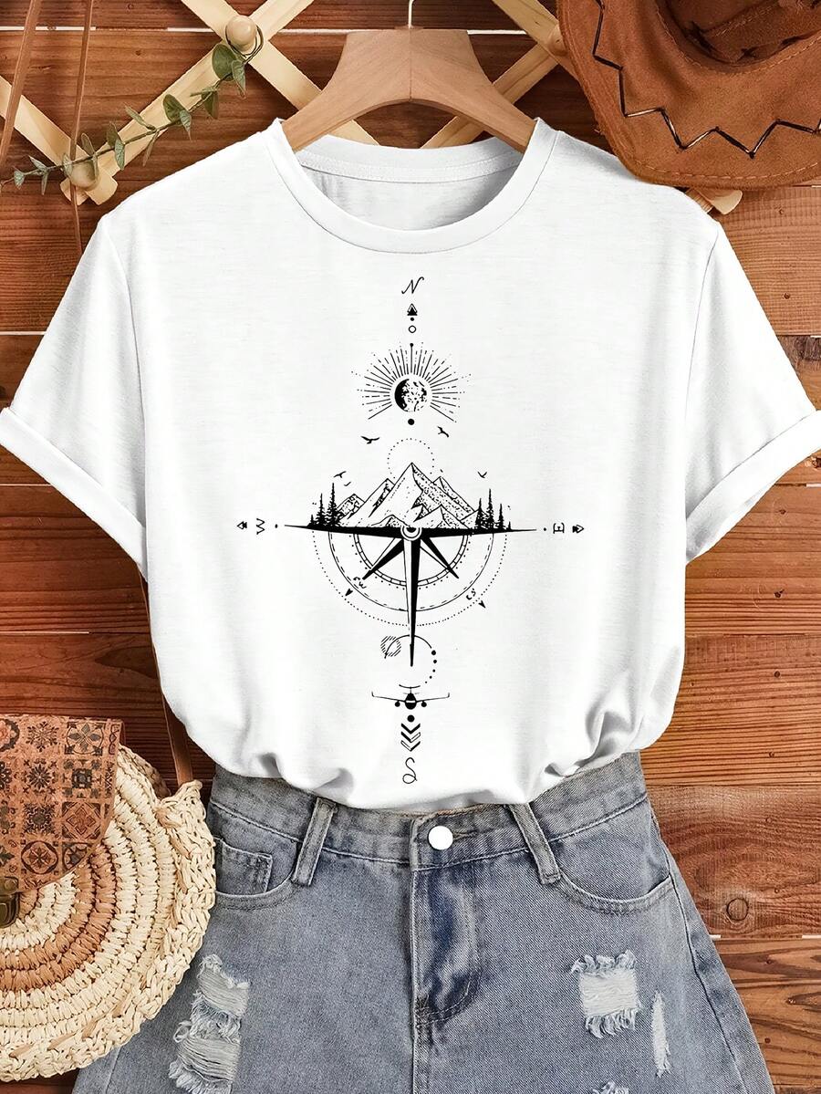 Camiseta con estampado gráfico, manga corta y cuello redondo, top casual para verano y primavera, ropa de mujer