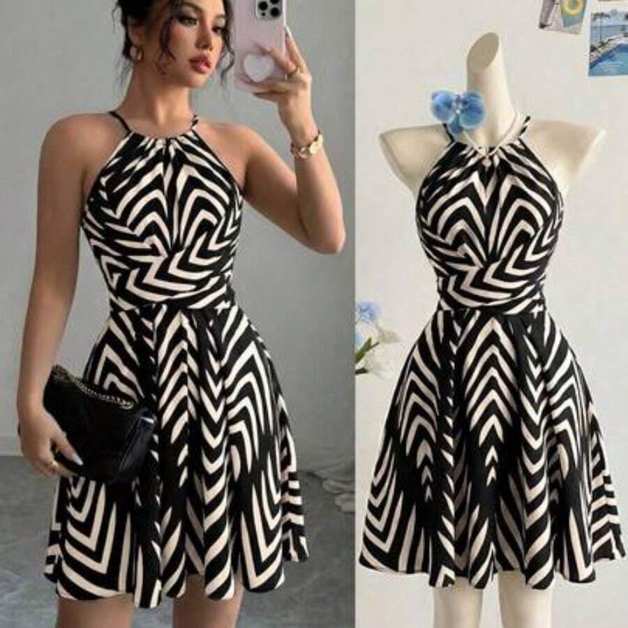 Elenzya Navy Blue Arrow Print Elegant Design Halter Tie Waist Flared Short Dress, High-Quality Graceful Style, Suitable For Valentine's Day, Easter, Labor Day, Birthday, Date, Party, Formal Occasions, Spring/Summer - Negro - Ver 1