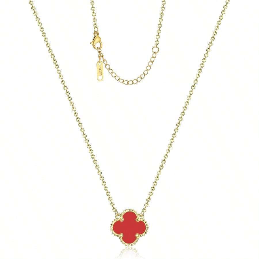 Clover Pendant Necklace For Women 18K Gold Plated Four Leaf Clover Necklaces Lucky Simple Jewelry Gifts For Women - 紅色 - 查看 1