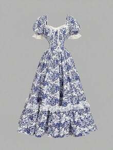 MOD Vestido largo de encaje blanco con volantes estilo victoriano vintage, vestido de fiesta, vestido de graduación, con exquisita mano de obra - Azul y blanco 2 - Ver 6