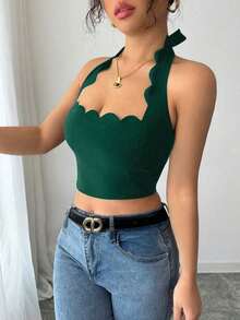 Top corto con escote halter, volantes y amarres en negro para mujer, ideal para vacaciones - Verde Oscuro - Ver 4