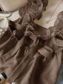 Frenchy Camiseta de tirantes de mujer con volantes de unicolor y parches, con detalle de nudo en la espalda - Marrón - Ver 3