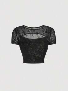 Camiseta De Malla Plisada Ahuecada Para Mujer - Negro 2 - Ver 3