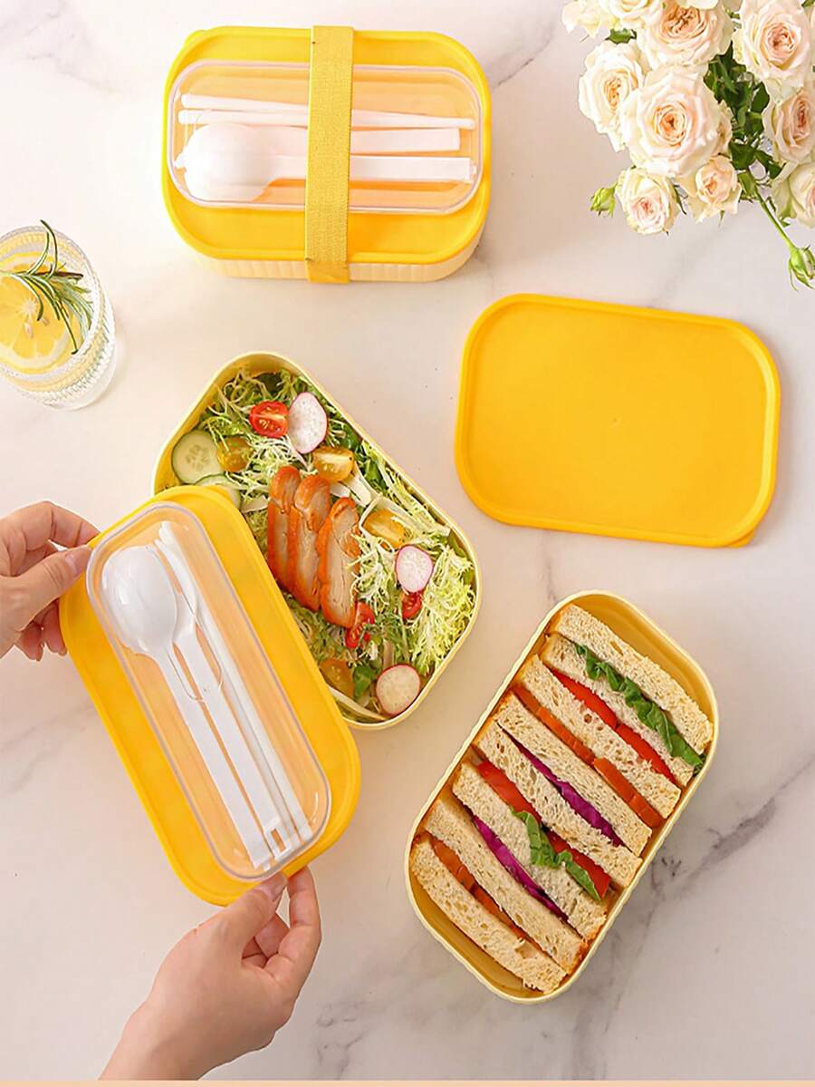niceforyou 650ml Double-Layer Microwave Bento Box With Lid, PP Material, Macaron Cream Style, Yellow & White Color, With Shoulder Strap And Built-In Utensils, Transparent Window, Leak-Proof And Easy To Clean, Suitable For Office, Student Meal Prep And Outdoor Picnic - Multicolor - View 1