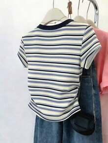 Nuevas blusas de verano para mujer, diseño con estampado, estampado multicolor a rayas, ajustadas con cintura fruncida, camiseta de mujer - Multicolor - Ver 2