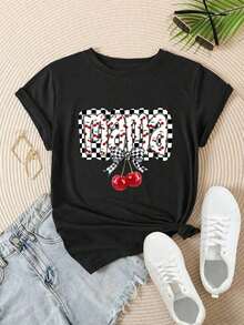 Camiseta de manga corta con cuello redondo, estampado floral, corte holgado, de tela suave, para mujer, estilo casual urbano. - Negro - Ver 2
