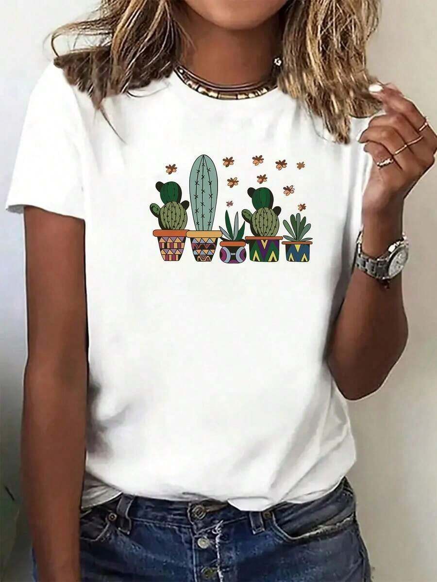 Diseño simple y versátil. Camiseta con estampado de cactus, linda y adecuada para el verano, top deportivo casual de manga corta para primavera y verano, ropa de mujer. Camiseta de algodón puro - Blanco - Ver 1