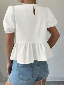 Blusa con volantes y mangas abullonadas con lazo en la parte delantera - Blanco 2 - Ver 2
