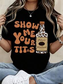 Show Me Your Tito's Vodka Bottle Leopard Print Graphic Tee Shirt Women Casual Short Sleeve Top Fun Party Wear - màu đen - Xem 2