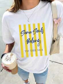 Camiseta de punto casual para mujer con diseño simple y versátil, manga corta, cuello redondo y hombros caídos, longitud regular para uso diario, de algodón. - Blanco - Ver 1